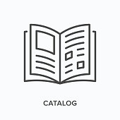 istock Catalog flat line icon. Vector outline illustration of open book. Black thin linear pictogram for paper magazine 1302392412