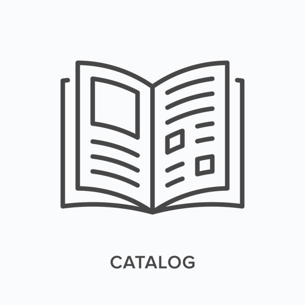 Catalog flat line icon. Vector outline illustration of open book. Black thin linear pictogram for paper magazine Catalog flat line icon. Vector outline illustration of open book. Black thin linear pictogram for paper magazine. catalog stock illustrations