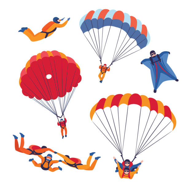 illustrazioni stock, clip art, cartoni animati e icone di tendenza di set di tipi di salto con il paracadute. paracadutismo sport estremo. vettore - parachuting