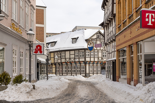 Braunschweig, Germany: feb 11th 2021: Rare blizzard has limited city traffic in Braunschweig. This amount of snow is rare and municipalities don't have enough equipment to clean snow from streets.