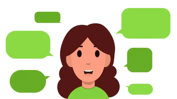Vector illustration of Young woman with speech bubbles isolated on white background. Conversation or message concept. Flat style. Vector illustration