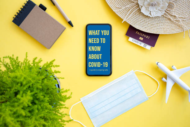 istock Flat lay, an aircraft model, sun hat, protective face mask, passport and a smartphone with ‘What you need to know about Covid-19, a guide to staying safe’ note, are arranged on a yellow background. 1302396724