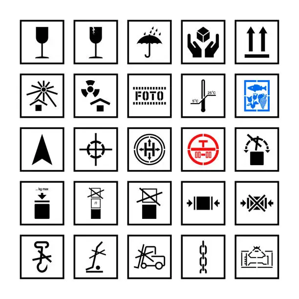 Vector illustration of Cargo handling marking symbols in frame set. Vector