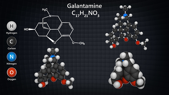Galantamine (Razadyne, Reminyl), is used for the treatment of cognitive decline in mild to moderate Alzheimer's disease. Chemical structure model: Ball and Stick+Balls+Space-Filling. 3D illustration