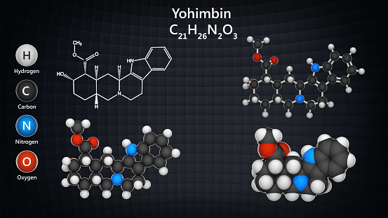 Yohimbine(quebrachine), is an indole alkaloid. C21H26N2O3. Chemical structure model: Ball and Stick + Balls + Space-Filling. 3D illustration.