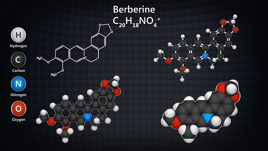Berberine is a quaternary ammonium salt of an isoquinoline alkaloid. Formula: C20H18NO4+. Chemical structure model: Ball and Stick + Balls + Space-Filling. 3D illustration.