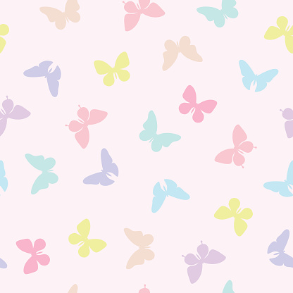 Vector butterfly seamless repeat pattern design background. Random colorful butterfly silhouette, cute girly pastel pattern.