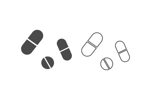 흰색 배경에 알약 아이콘, 벡터 일러스트레이션 - capsule medicine vitamin pill narcotic stock illustrations