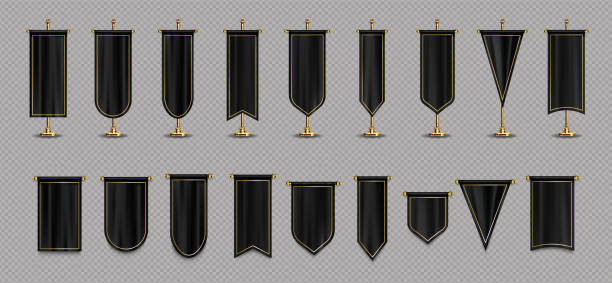 Pennant flags of black and gold colors mockup set Pennant flags of black and gold colors mockup, blank vertical banners on flagpole and hanging with different edge shapes. Isolated medieval heraldic empty ensigns. Realistic 3d vector illustration set concave illustrations stock illustrations