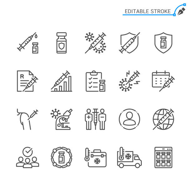 ilustraciones, imágenes clip art, dibujos animados e iconos de stock de iconos de línea de vacuna. trazo editable. pixel perfecto. - syringe