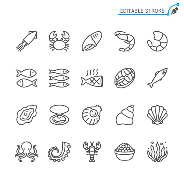 ilustraciones, imágenes clip art, dibujos animados e iconos de stock de iconos de líneas de mariscos. trazo editable. pixel perfecto. - pez