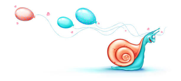 istock Cute snail crawls with flying balloons and hearts 1302406993