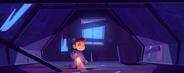 Kid in abandoned house attic at night, boy playing Kid in abandoned house attic at night, little boy in pajama with flashlight explore old mansard room with holes and spider web on roof with wood floor and boarded up window Cartoon vector illustration hiding place stock illustrations