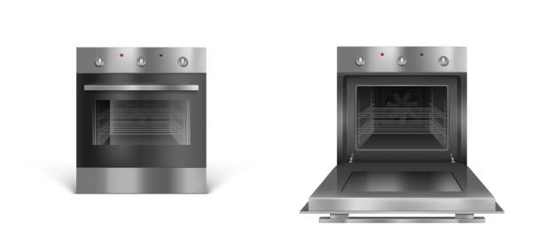 Oven, electric appliances, open or closed stove Oven, electric kitchen appliances, open or closed stove of silver color front view. Household technics with switches. Home tech equipment isolated on white background, realistic 3d vector illustration oven dials stock illustrations