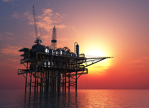 Oil production into the sea from above. 3d render