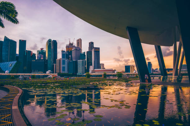 Aerial view showing the Art Science Museum building in the far right. In the back the financial district of Singapore full of Bank skyscraper buildings. In the middle the Marina Bay area. Seen at sunset. Singapore is located in Southeast Asia.
