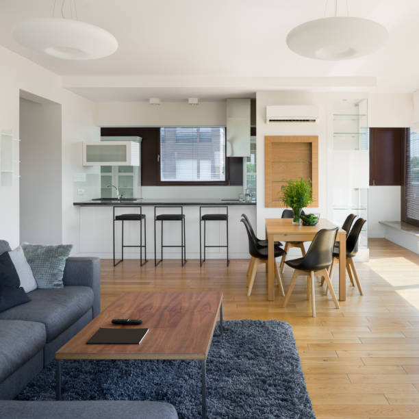 istock Spacious apartment with wooden details 1302409439