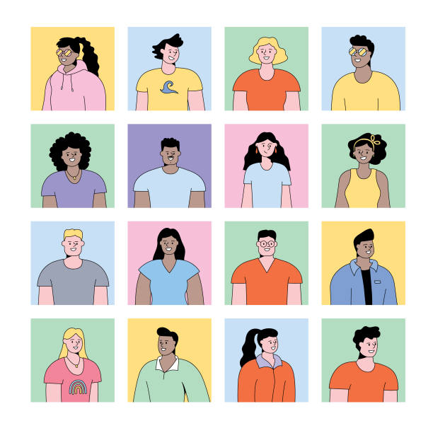 illustrations, cliparts, dessins animés et icônes de avatars carrés de jeunes - carré forme bidimensionnelle