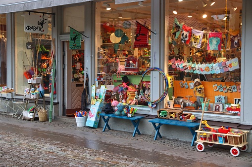 Colorful toy stor Krabat in Gothenburg, Sweden. Gothenburg is the 2nd largest city in Sweden with 1 million inhabitants in the metropolitan area.