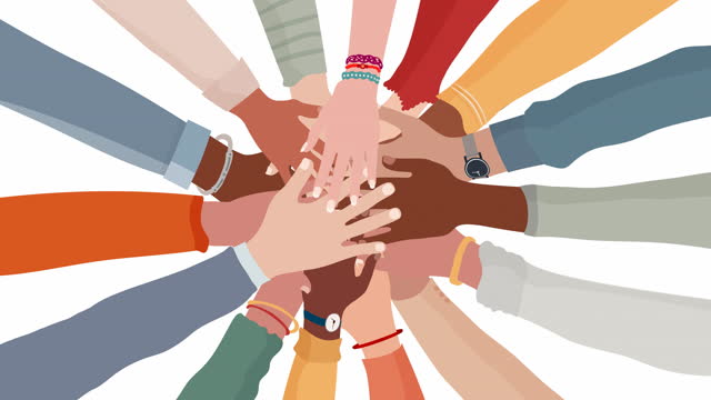 Group diverse arms and hands in a circle on top of each other. Mixed race. Racial equality. Different Nationalities. Diverse multiethnic and multicultural cultures. Antiracism. Teamwork