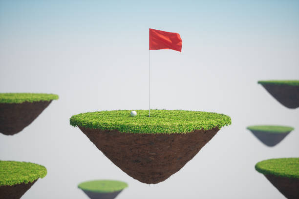 깃발과 구멍이 있는 골프 플랫폼 - 골프깃발 뉴스 사진 이미지