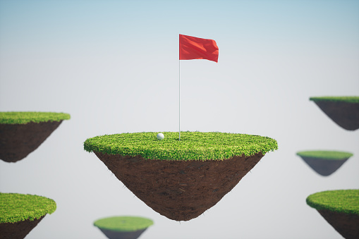 Conceptual image of floating golf platforms on the air.