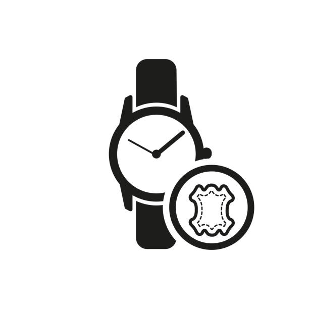 ilustraciones, imágenes clip art, dibujos animados e iconos de stock de icono de un reloj de pulsera con correo de cuero. - clock hand leather minute hand white background