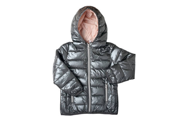 giacca invernale per bambini. elegante giacca invernale calda grigio argento per bambini isolati su uno sfondo bianco. abiti alla moda per bambini per la primavera e l'autunno. - zip lining foto e immagini stock