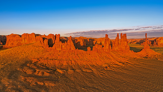 Aerial view of Totem Pole spire in Monument Valley, Arizona, USA.