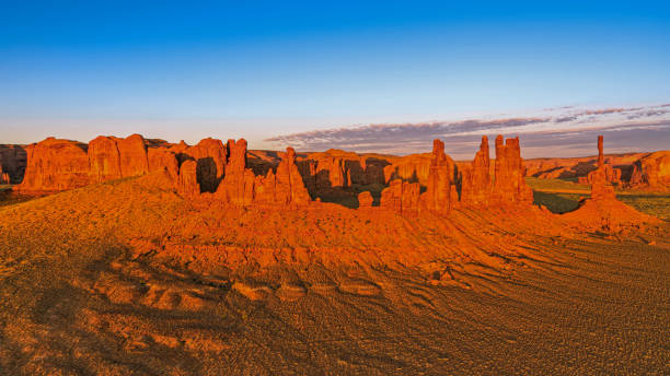 View of  Monument Valley Aerial view of Totem Pole spire in Monument Valley, Arizona, USA. butte rocky outcrop stock pictures, royalty-free photos & images