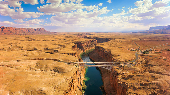 Aerial view of Navajo Bridge over Colorado River flowing amidst rock formations, Grand Canyon National Park, Arizona, USA.