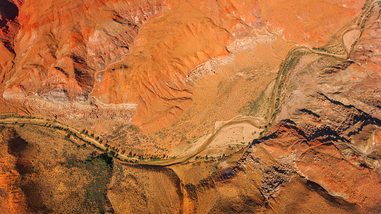 Aerial view of dry Colorado River passing through valley in Grand Canyon National Park, Arizona, USA.