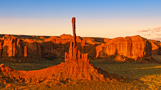 Aerial view of Totem Pole in Monument Valley at sunrise, Arizona, USA.