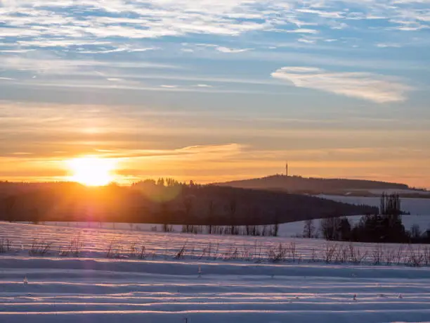 Sunset with afterglow in the wintry Vogtland