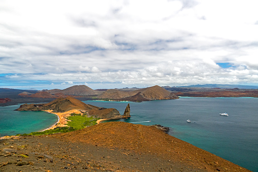View from Bartolomé Island to Santiago Island, Galapagos Archipelago, Ecuador, South America