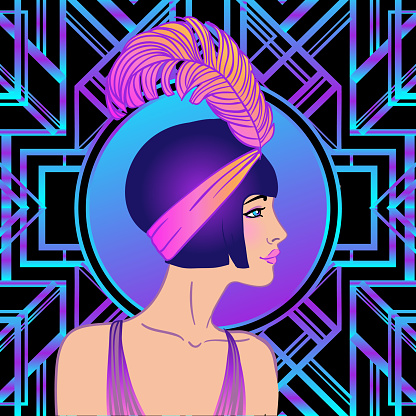 Art deco style pretty lady. Vector illustration in 1920's style.