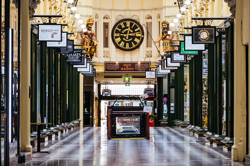 Melbourne, Australia - February 15 2021: The once popular Royal Arcade mall in Melbourne CBD is quiet and deserted at the start of a 'circuit breaker' lockdown imposed suddenly by the Victorian Government. This is due to increasing numbers of COVID-19 cases in north western Melbourne.