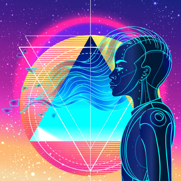 istock Portrait of robot android woman in retro futurism style. Vector illustration. 1302422323