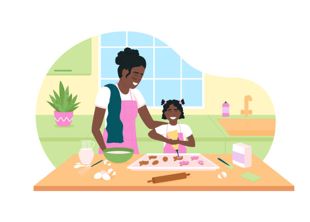 счастливый афро-�американских мать и дочь испечь печенье 2d вектор веб баннер, плакат - vacations two generation family holiday easter stock illustrations