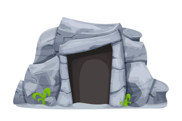 Stone age cave from rocks in cartoon style isolated on white background. Prehistoric, ancient object of evolution, caveman home, outdoor. Detailed drawing with cracked elements, ui game assets. Stone age cave from rocks in cartoon style isolated on white background. Prehistoric, ancient object of evolution, caveman home, outdoor. Detailed drawing with cracked elements, ui game assets. cave stock illustrations