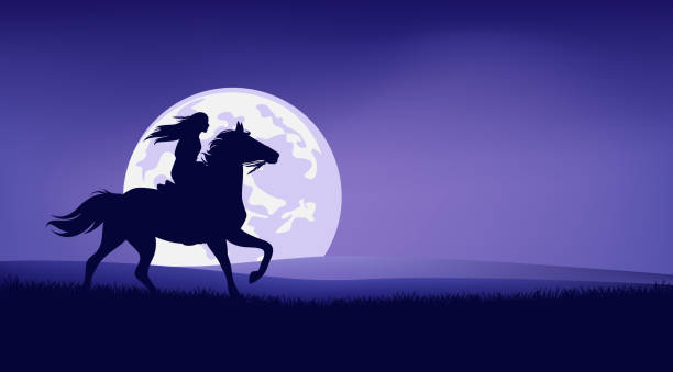 ilustrações de stock, clip art, desenhos animados e ícones de vector silhouette outline of native american woman riding horse and full moon night landscape - native habitat