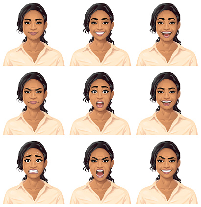 Vector illustration of a young woman with nine different facial expressions: neutral, smiling, laughing, angry, stunned/surprised, talking, anxious, furious/shouting and smirking. Portraits perfectly match each other and can be easily used for facial animation.