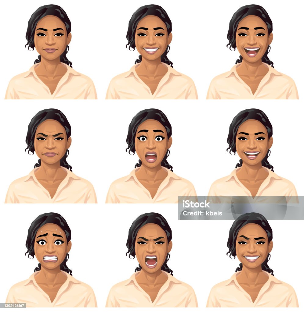 Young Woman In Blouse Portrait - Emotions Vector illustration of a young woman with nine different facial expressions: neutral, smiling, laughing, angry, stunned/surprised, talking, anxious, furious/shouting and smirking. Portraits perfectly match each other and can be easily used for facial animation. Women stock vector