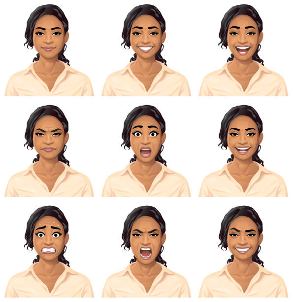 Young Woman In Blouse Portrait - Emotions Vector illustration of a young woman with nine different facial expressions: neutral, smiling, laughing, angry, stunned/surprised, talking, anxious, furious/shouting and smirking. Portraits perfectly match each other and can be easily used for facial animation. part of a series stock illustrations
