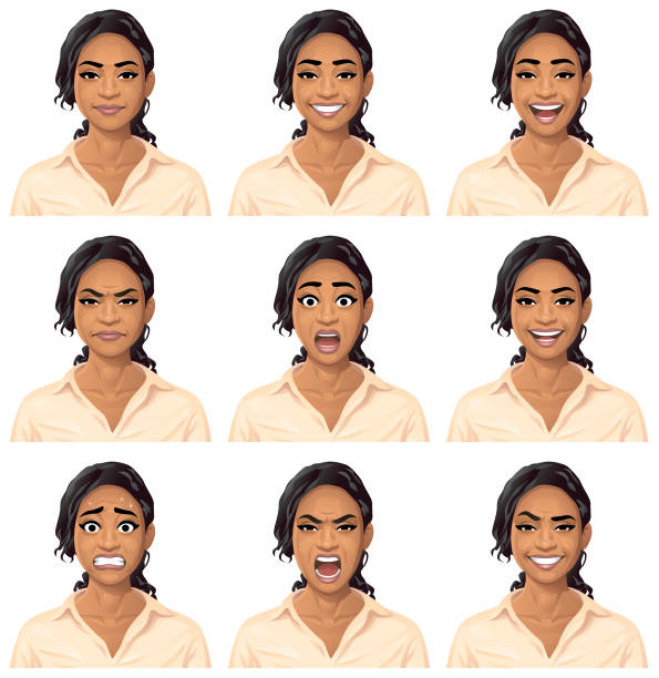 Young Woman In Blouse Portrait - Emotions Vector illustration of a young woman with nine different facial expressions: neutral, smiling, laughing, angry, stunned/surprised, talking, anxious, furious/shouting and smirking. Portraits perfectly match each other and can be easily used for facial animation. happy and sad worker stock illustrations