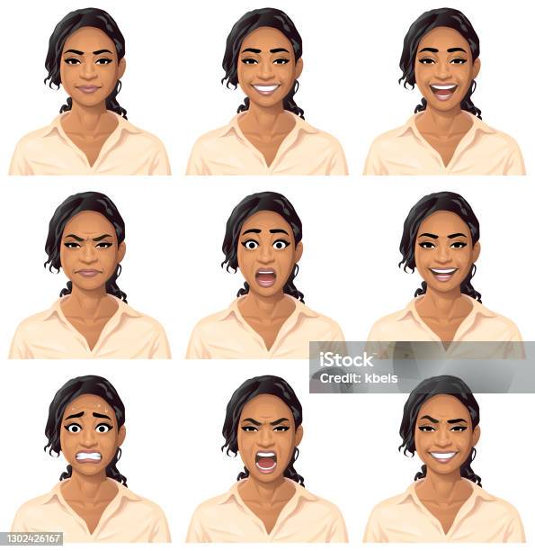 Young Woman In Blouse Portrait Emotions Stock Illustration - Download Image Now - Women, One Woman Only, Characters