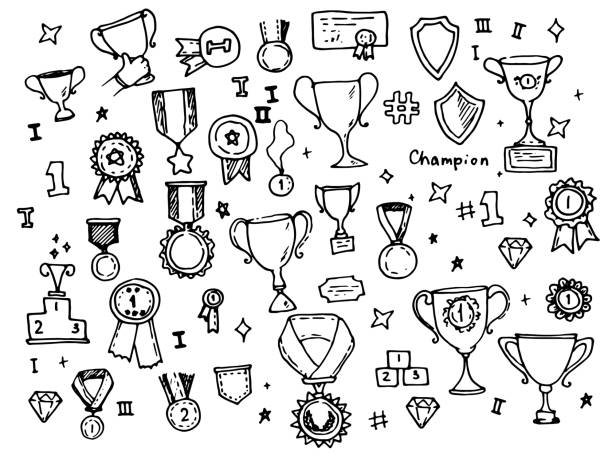 ilustraciones, imágenes clip art, dibujos animados e iconos de stock de conjunto vectorial de elementos aislados medallas y órdenes con copas dibujadas a mano en el estilo gar doodle contorno negro sobre fondo blanco para la plantilla de diseño - silver medal success medal second place