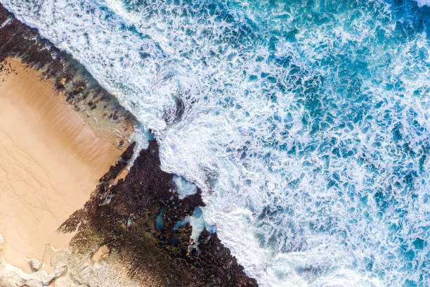 istock Ocean waves hitting a rocky beach. View from above. 1302429057
