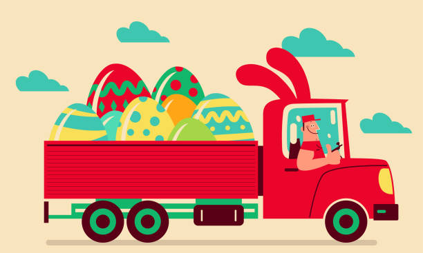 uśmiechnięty kierowca jazdy ciężarówką, która ma easter bunny uszy dostarczanie pisanki i dając kciuk-up - truck driver driver truck semi truck stock illustrations