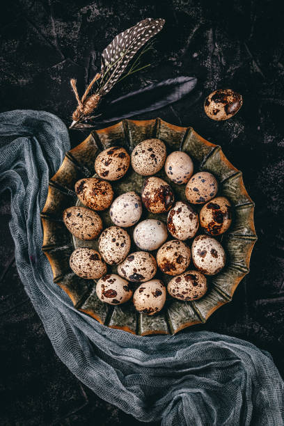 istock Raw quail eggs in a plate on the black background, vertical photo, top view 1302430325